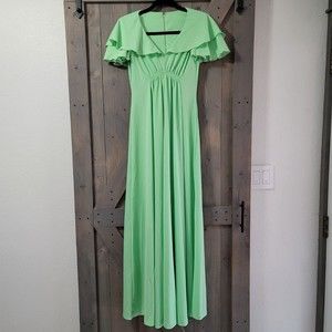 Vintage Union Made USA 70's Pale Green Flutter Maxi Dress Bridesmade Formal Prom